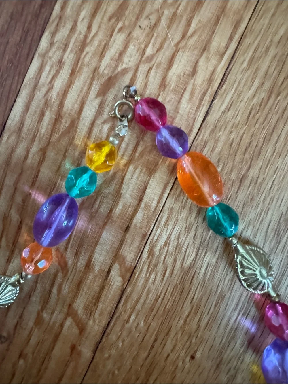 Vintage Multi-Color Beaded Necklace with Gold Leaf Accents